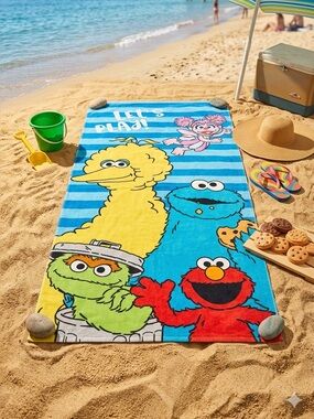 Vintage 90s Sesame Street Beach Towel Big Bird Elmo Cookie Monster Oscar Abby
